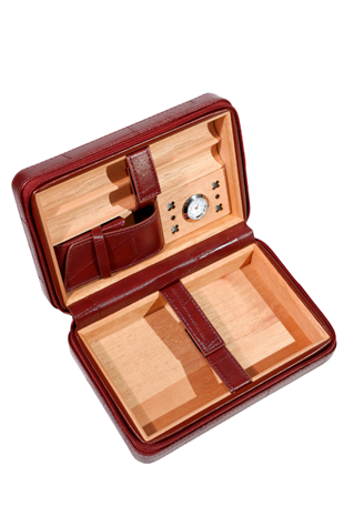 Cohiba Dahili Çakmaklı Bordo Desenli Deri Puro Taşıma Çantası - Seyahat Humidoru