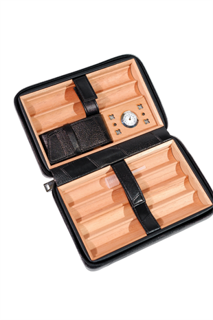 Cohiba Dahili Çakmaklı Siyah Desenli Deri Puro Taşıma Çantası - Seyahat Humidoru