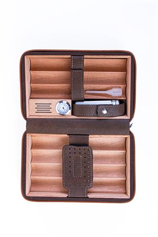 Cohiba Açık Kahverengi Timsah Derisi Desenli Dahili Çakmak Deri Puro Taşıma Çantası & Seyahat Humidoru