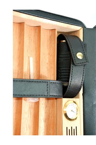 Cohiba Çakmak Kesicili Goyard Desenli Siyah Deri Puro Taşıma Çantası & Seyahat Humidoru