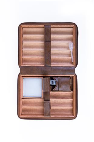 Cohiba XL Açık Kahverengi Dahili Çakmak Deri Puro Taşıma Çantası & Seyahat Humidoru