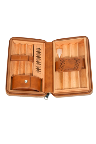 Cohiba Dahili Çakmak Kahverengi Deri Puro Taşıma Çantası & Seyahat Humidoru