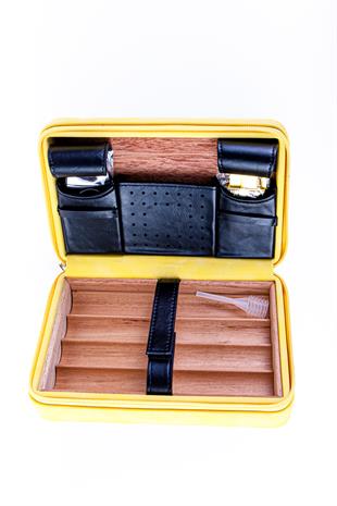 Cohiba Sarı-Siyah Çakmak Kesicili Deri Puro Taşıma Çantası & Seyahat Humidoru