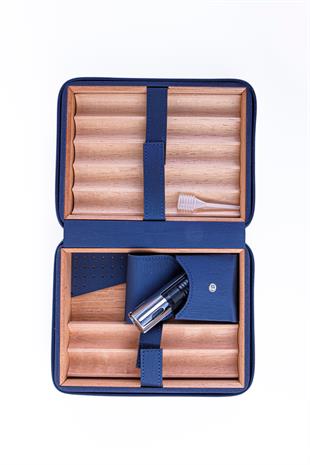 Cohiba XL Lacivert Dahili Çakmak Deri Puro Taşıma Çantası & Seyahat Humidoru