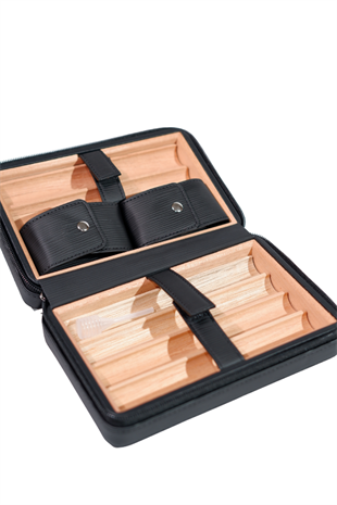 Cohiba Çakmak Kesicili Siyah Çizgili Deri Puro Taşıma Çantası - Seyahat Humidoru