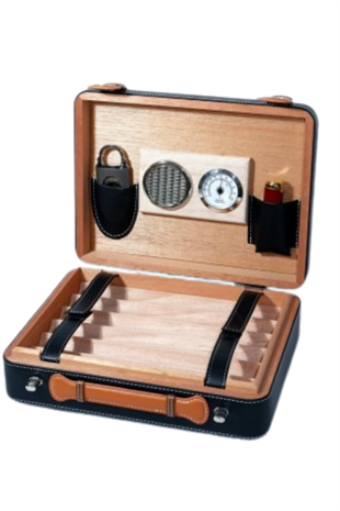 PQ Çakmak Kesicili XXL Siyah Deri Puro Taşıma Çantası & Seyahat Humidoru