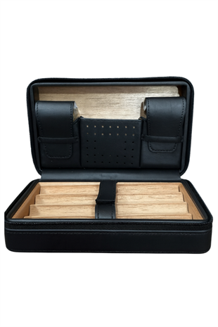 PQ Çakmak Kesicili XL Siyah Deri Puro Taşıma Çantası & Seyahat Humidoru