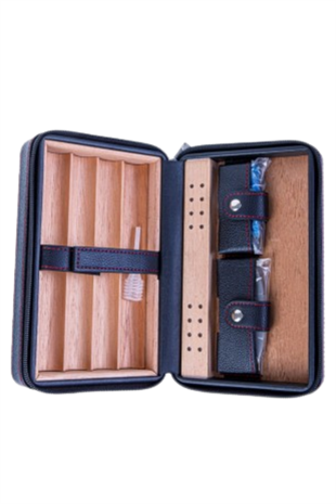 PQ Çakmak Kesicili XL Siyah Kırmızı Dikişli Deri Puro Taşıma Çantası & Seyahat Humidoru