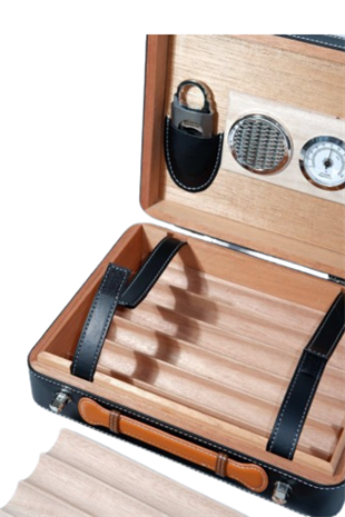 PQ Çakmak Kesicili XXL Siyah Deri Puro Taşıma Çantası & Seyahat Humidoru