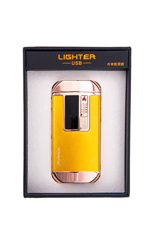 Parmida Sarı-Gold Multifonksiyonel Çakmak (Tek Torch Pürmüz Puro Çakmağı, Elektrikli Çakmak, Powerbank, El Feneri)