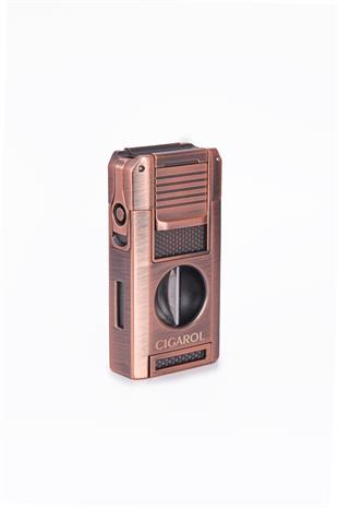 Cigarol Çift Torch Pürmüz Dahili V Kesici & Delicili Bronz Metal Puro Çakmağı