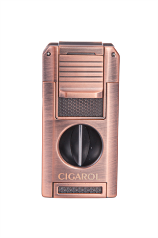 Cigarol Çift Torch Pürmüz Dahili V Kesici & Delicili Bronz Metal Puro Çakmağı