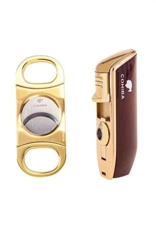 Cohiba 3 Torch Pürmüz Bordo Çakmak ve Gold Kesici Seti