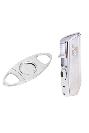 Cohiba Gümüş Üç Torch Pürmüz Çakmak Ve Metal Kesici Set