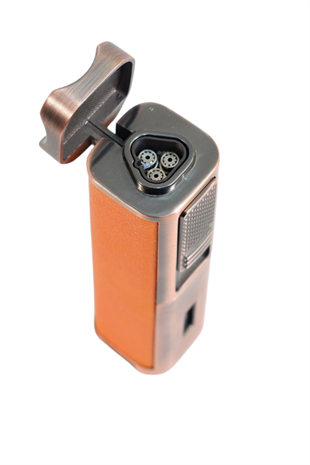 Parmida 3 Torch Pürmüz Sehpalı Gövdesi Turuncu Deri Bronz Metal Puro Çakmağı