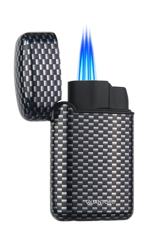 Quantoro Üç Torch Pürmüz Delicili Siyah Karbon Desenli Metal Puro Çakmağı