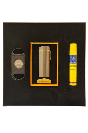 PremiumQuality Çakmak Kesici Gaz Gunmetal Üçlü Puro Seti