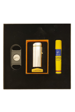 PremiumQuality Çakmak Kesici Gaz Gümüş Üçlü Puro Seti