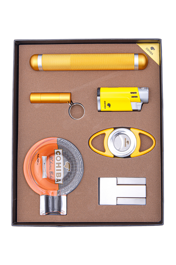 TR8392,Cohiba Çakmak Kesici Tüp Küllük Delici Sehpa Altılı Sarı - Gümüş Puro Seti