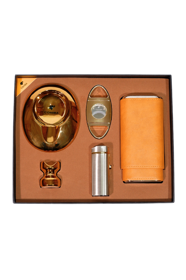 TR8805,Cohiba Çakmak Kesici Küllük Kılıf Sehpa Gold-Gümüş Beşli Puro Seti