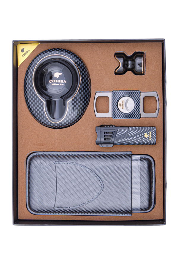 TR8391,Cohiba Çakmak Kesici Kılıf Küllük Sehpa Beşli Karbon Desenli Puro Seti