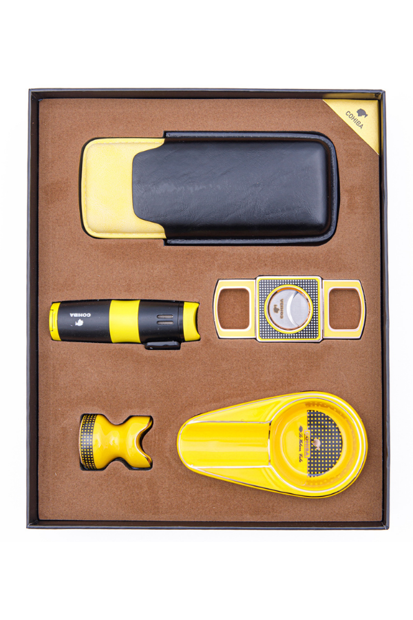 TR8383,Cohiba Çakmak Kesici Kılıf Küllük Sehpa Beşli Sarı - Siyah Puro Seti