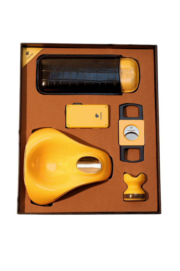 TR9189,Cohiba Çakmak Kesici Küllük Kılıf Sehpa Beşli Sarı Puro Seti