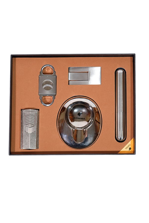 TR8804,Cohiba Çakmak Kesici Küllük Sehpa Tüp Gümüş Beşli Puro Seti