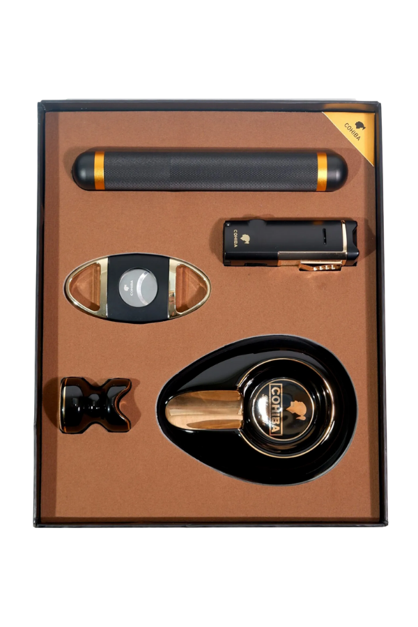 TR9102,Cohiba Çakmak Kesici Küllük Sehpa Tüp Beşli Siyah - Gold Puro Seti