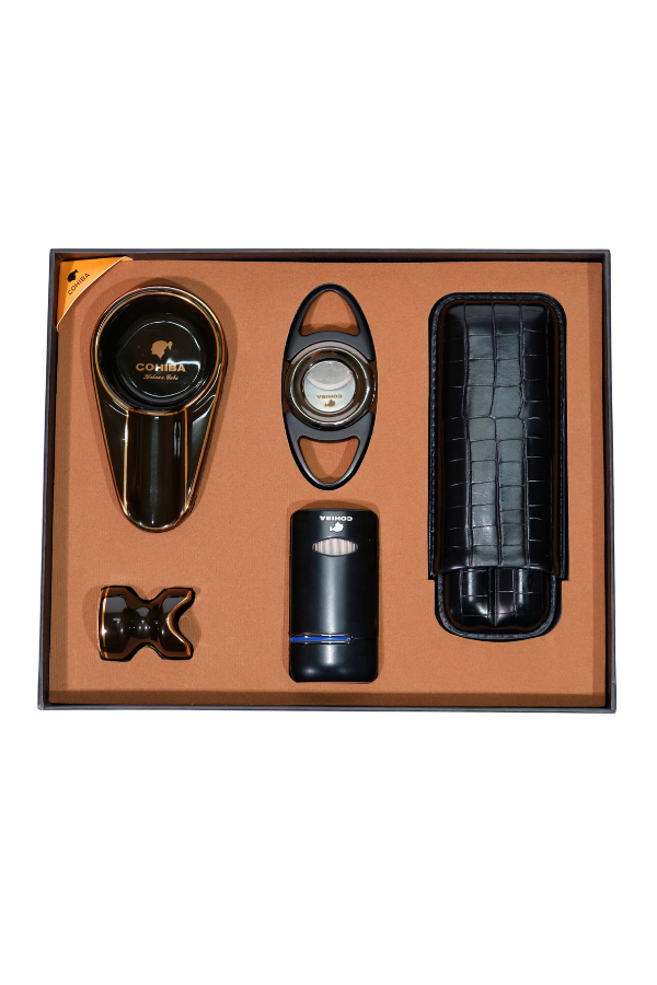 TR8806,Cohiba Çakmak Kesici Küllük Kılıf Sehpa Siyah Beşli Puro Seti