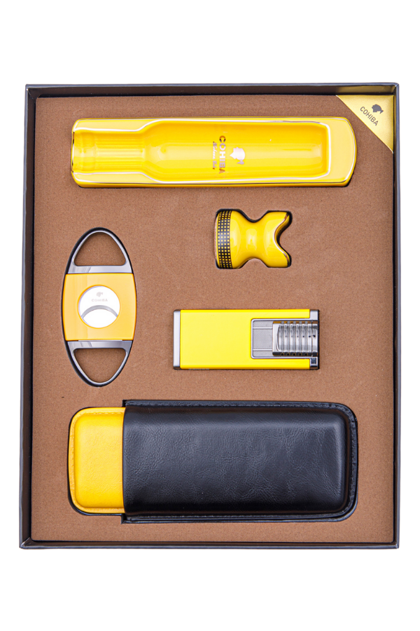 TR8393,Cohiba Çakmak Kesici Kılıf Küllük Sehpa Beşli Sarı Puro Seti