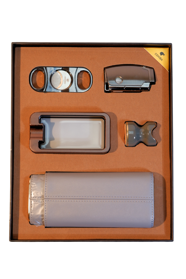 TR9184,Cohiba Çakmak Kesici Küllük Kılıf Sehpa Beşli Gümüş - Siyah Puro Seti