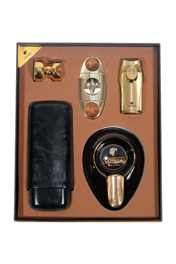 TR9100,Cohiba Çakmak Kesici Küllük Kılıf Sehpa Beşli Siyah - Gold Puro Seti