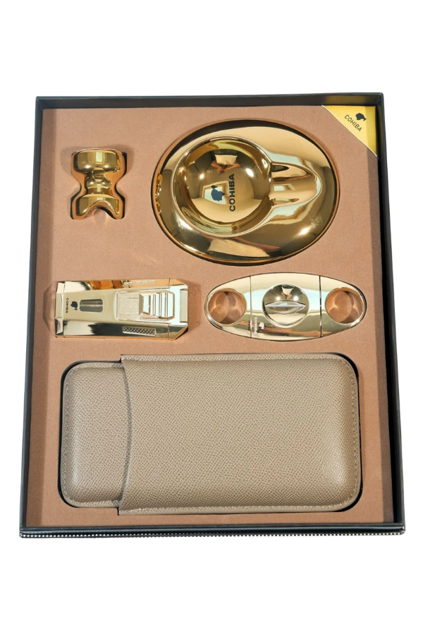 TR9861,Cohiba Çift Torch Çakmak Kesici Küllük Tutucu Kılıf Gold Beşli Puro Seti
