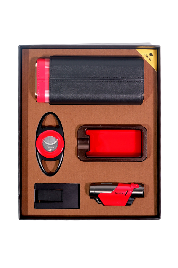 TR9095,Cohiba Çakmak Kesici Küllük Kılıf Sehpa Beşli Kırmızı - Siyah Puro Seti