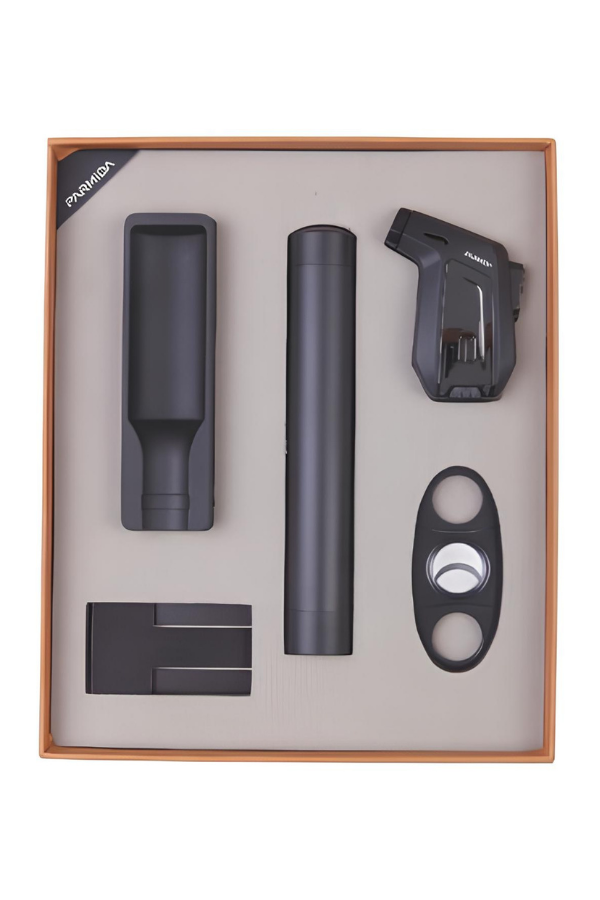 TR8190,Parmida Çakmak Kesici Tüp Küllük Sehpa Siyah Beşli Puro Seti