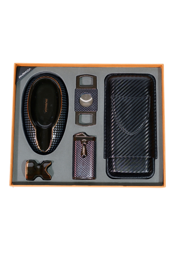 TR8812,Parmida Çakmak Kesici Küllük Kılıf Sehpa Karbon Desenli Beşli Puro Seti