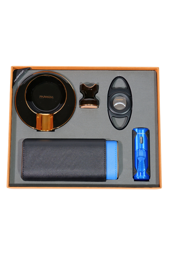 TR8811,Parmida Çakmak Kesici Küllük Kılıf Sehpa Siyah-Mavi Beşli Puro Seti