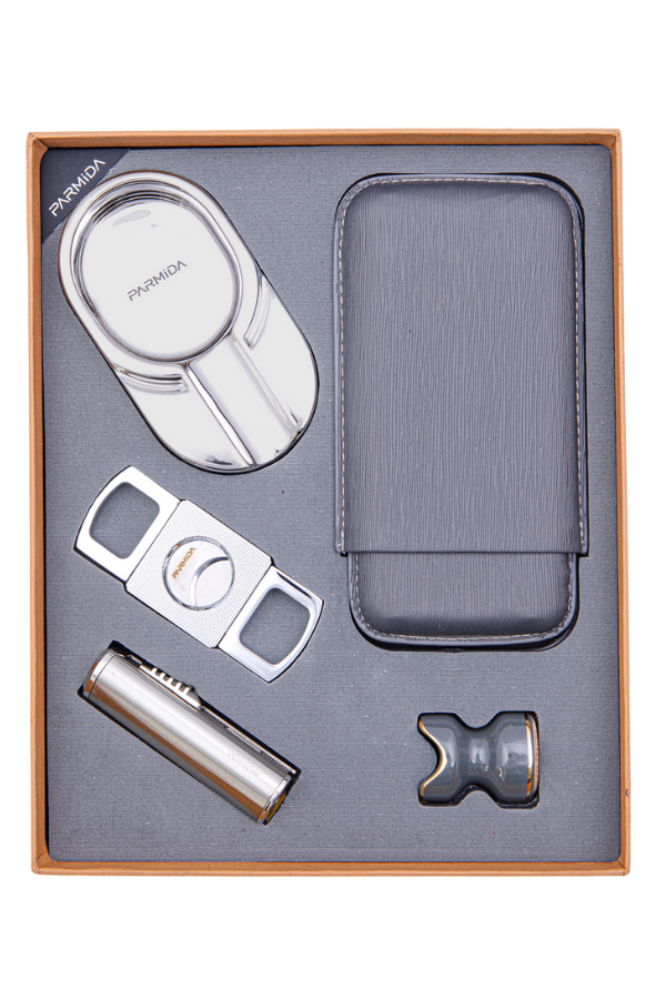 TR8415,Parmida Çakmak Kesici Kılıf Küllük Sehpa Beşli Gümüş Puro Seti