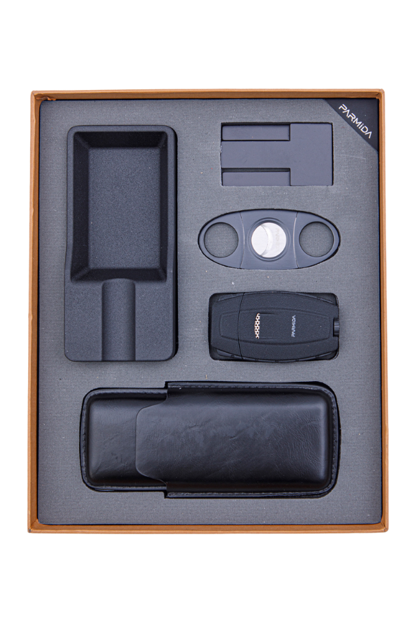 TR8388,Parmida Çakmak Kesici Kılıf Küllük Sehpa Beşli Siyah Puro Seti