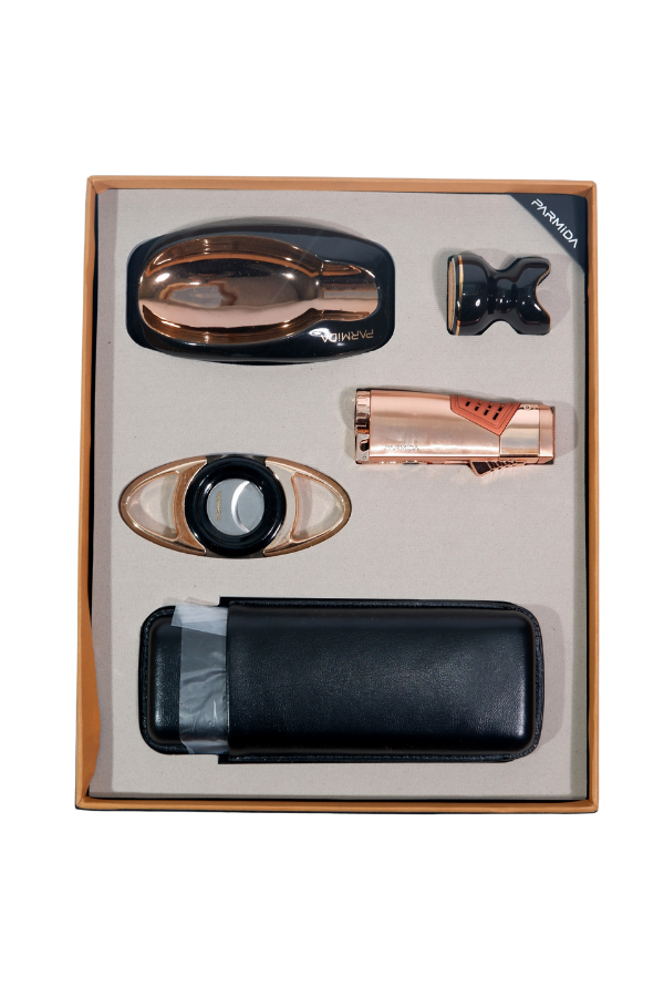 TR9098,Parmida Çakmak Kesici Küllük Kılıf Sehpa Beşli Siyah - Gold Puro Seti