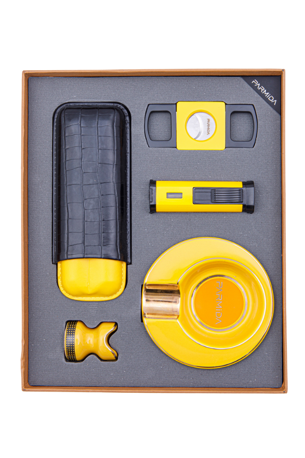 TR8414,Parmida Çakmak Kesici Kılıf Küllük Sehpa Beşli Sarı Puro Seti