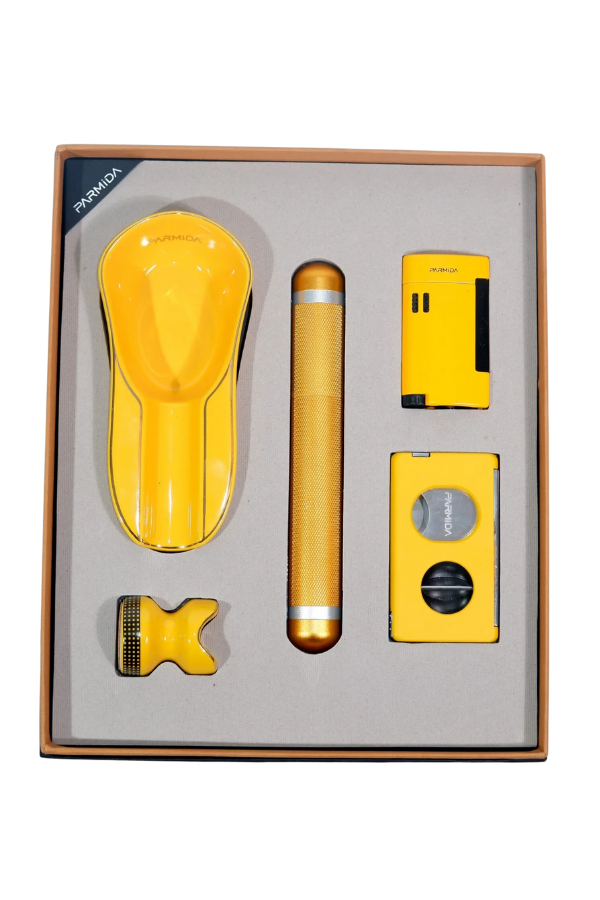 TR9094,Parmida Çakmak Kesici Küllük Sehpa Tüp Beşli Sarı Puro Seti