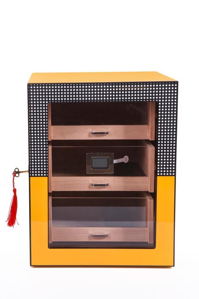 TR7530,PremiumQuality Sarı Cohiba Desenli 4 Çekmeceli Sedir Humidor Puro Kutusu