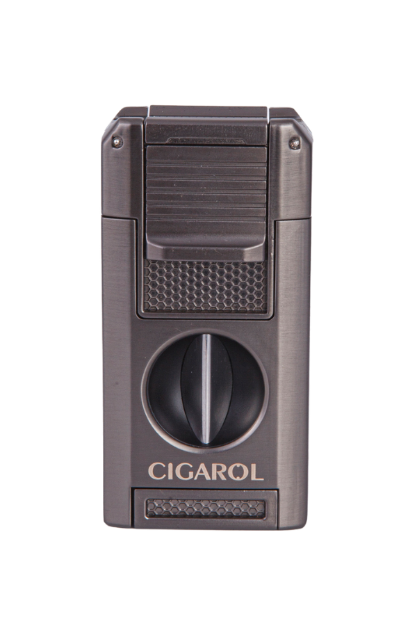 TR7966,Cigarol Çift Torch Pürmüz Dahili V Kesici & Delicili Gunmetal Metal Puro Çakmağı