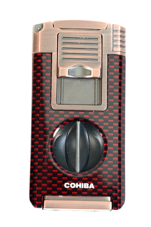 TR9586,Cohiba Çift Torch Pürmüz Dahili Kesici Delicili Kırmızı Karbon Desenli Bronz Metal Puro Çakmağı