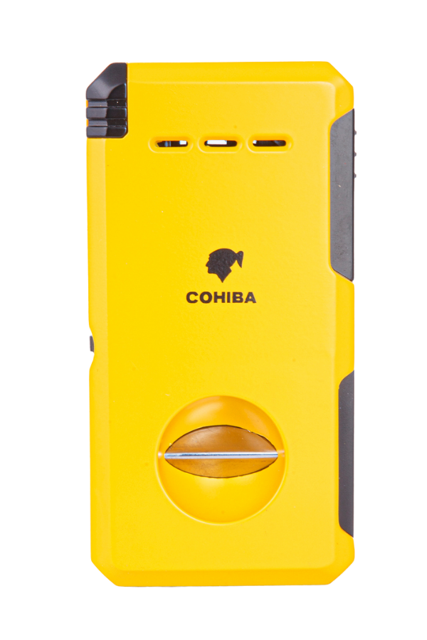TR7969,Cohiba Çift Torch Dahili Açıcı & V Kesici Sarı Metal Puro Çakmağı