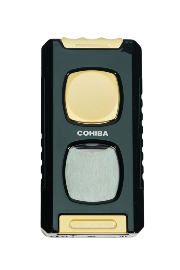 TR9551,Cohiba Çift Torch Pürmüz Kesici & Delici & İğneli Siyah Sarı Metal Puro Çakmağı