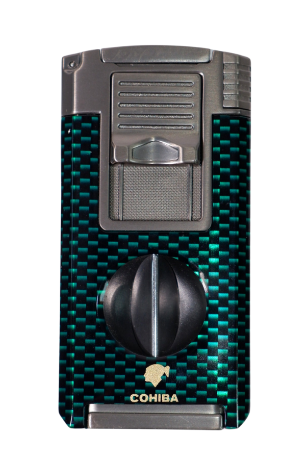 TR9044,Cohiba Çift Torch Pürmüz Yeşil Karbon Desenli Puro Çakmağı