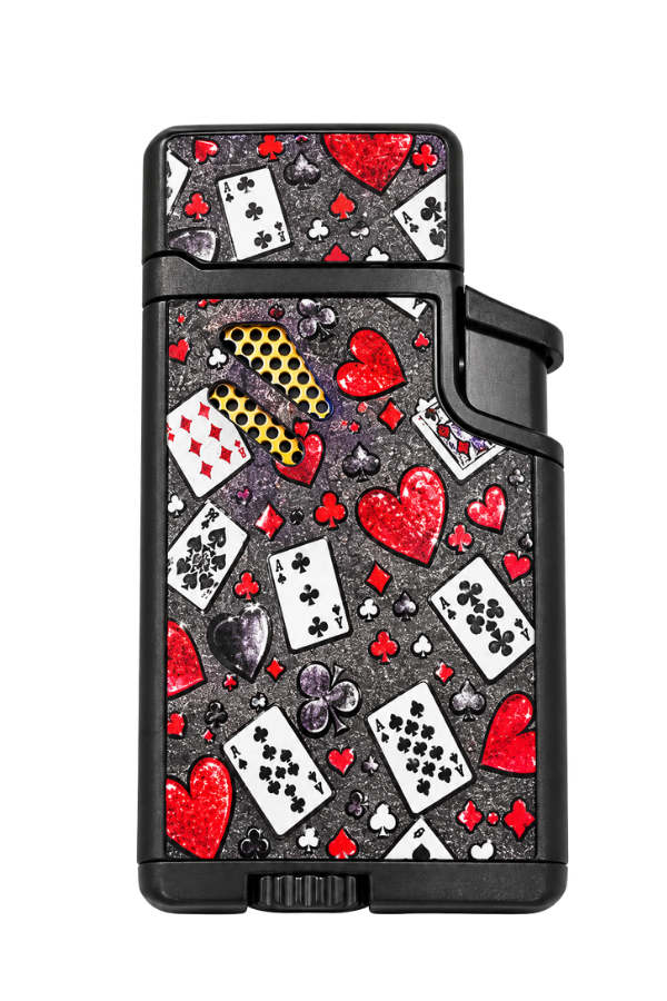 ACK043,Hunter Çift Torch Pürmüz Ace & Kalp Design Siyah Metal Puro Çakmağı